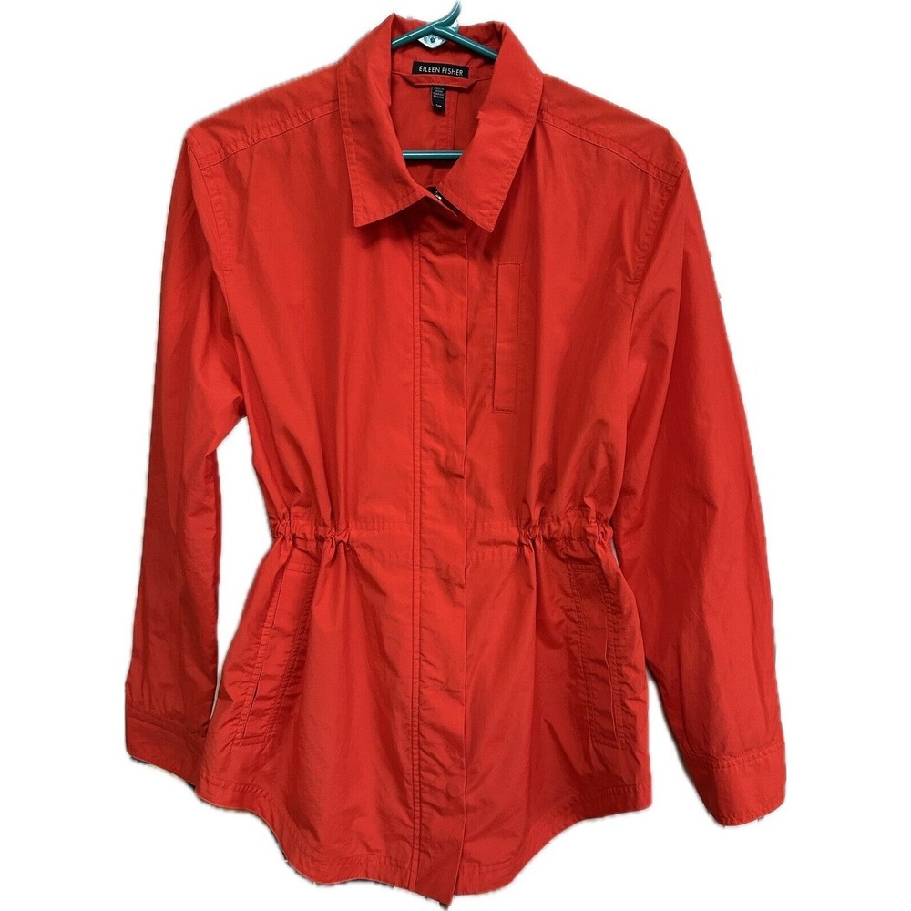 Eileen Fisher Womens Orange‎ Coral Raincoat Sz S/P Lined Pocket Cinch Waist, EUC
